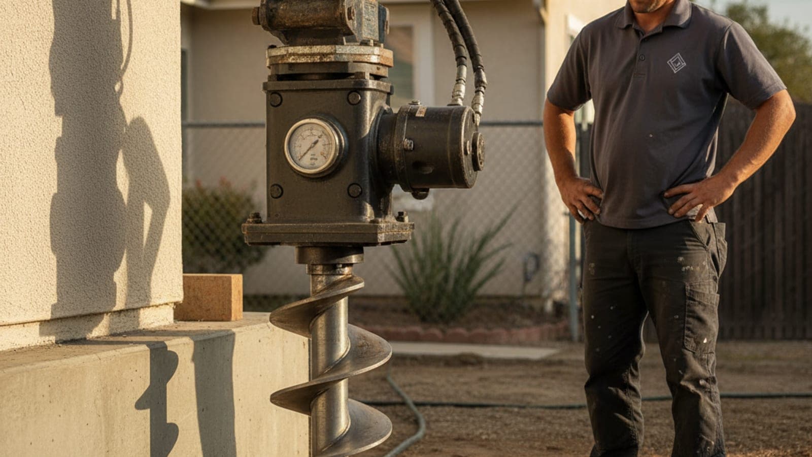Helical pier shaft with welded plates staged at a San Diego foundation repair job site