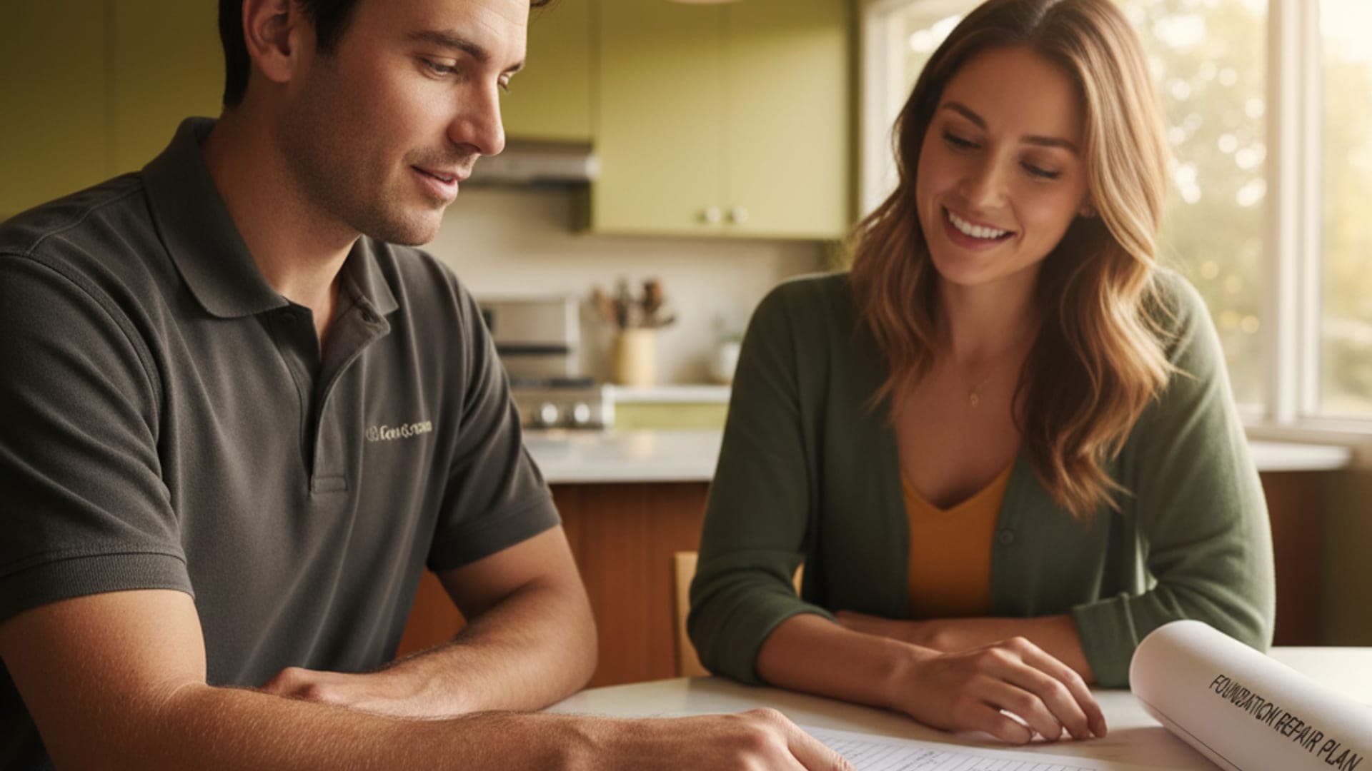 Foundation contractor walking a homeowner through a level survey diagram and crack-monitor readings inside a San Diego home